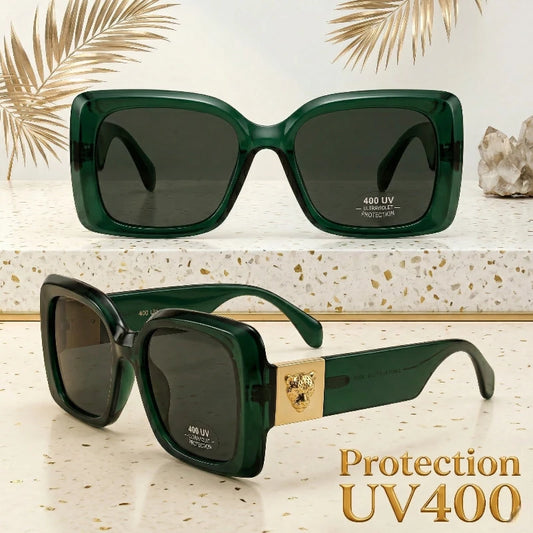 Gafas de sol UV400 – Estampado de leopardo dorado – Verde botella